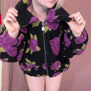 Dolls Kill Floral Patterned oversized blanket Jacket - Black and Purple